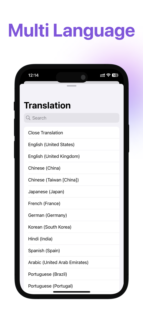 YPlayer app interface showing a comprehensive list of supported languages for real-time translation including English, Chinese, Japanese, and French