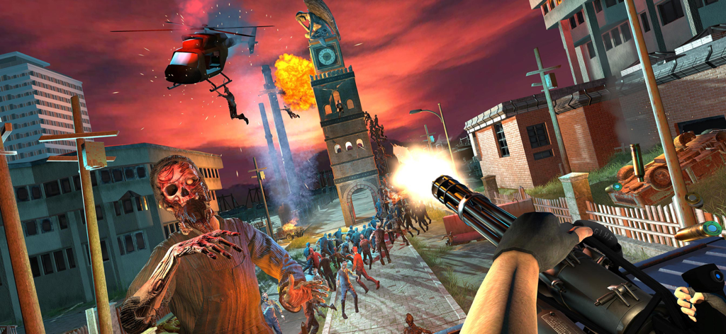 Zombie Games: Zombie Shooter - Egoperspektive beim Feuern eines Miniguns auf eine Zombiehorde auf einem Stadtplatz.