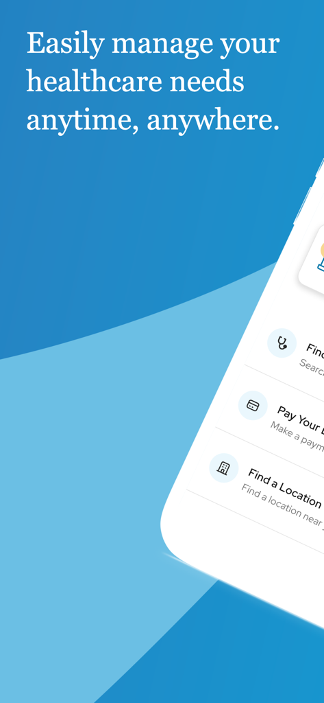 Sentara MyChart - Sentara MyChart app screen showing health management features including bill payment and location search