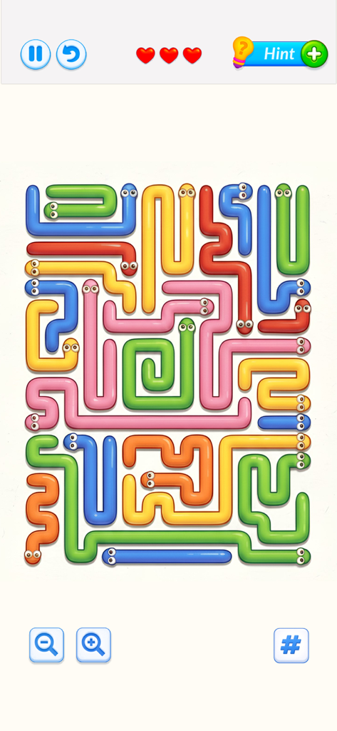 Snake Arrows Puzzles Escape - A colorful grid of snake shaped arrows in a logic puzzle game board