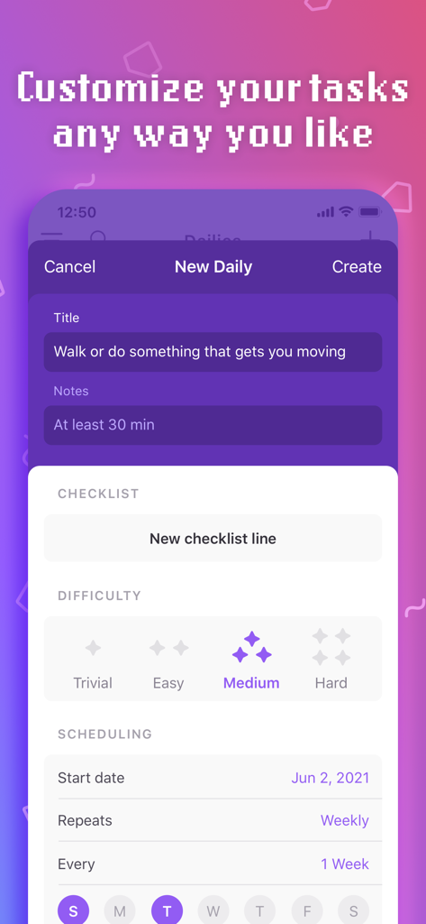 Habitica app screen for customizing a new daily task with difficulty levels and scheduling