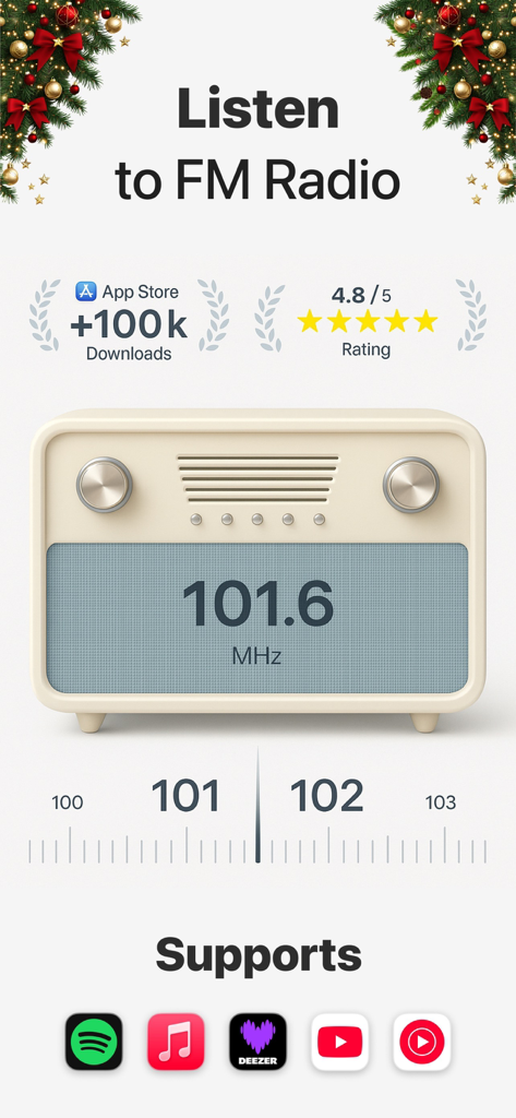 Promotion de l'application Radddio, lecteur radio FM en direct, présentant une interface de tuner radio vintage et des icônes de plateforme de streaming.