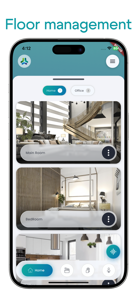 SmartNode Automation - Floor management dashboard of the SmartNode Automation app showing smart home room control for the Main Room and Bedroom.