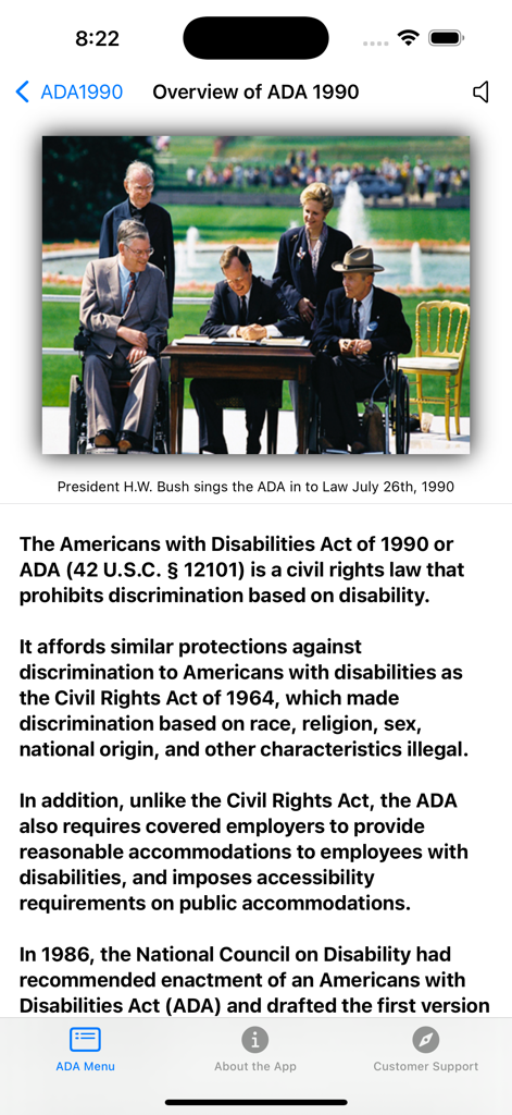Americans w/ Disabilities Act - Schermata dell'app mobile che mostra una panoramica della Americans with Disabilities Act del 1990 con una foto storica del Presidente Bush che firma la legge.