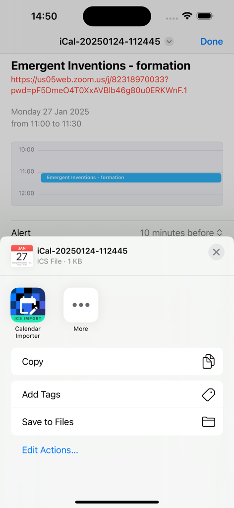 Calendar Importer - iOS share sheet showing the Calendar Importer app icon selected to import an ics calendar file