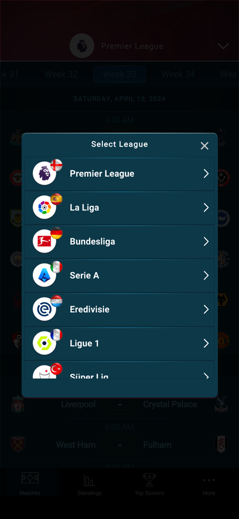 360 Live Scores - Interface de l'application 360 Live Scores montrant une liste de ligues de football à sélectionner, y compris la Premier League et la Liga