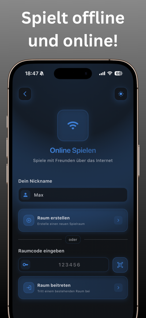Impostor - Multiparty - Tela de smartphone mostrando opções de configuração multijogador online para o jogo de festa Impostor, incluindo criação de sala e entrada com código