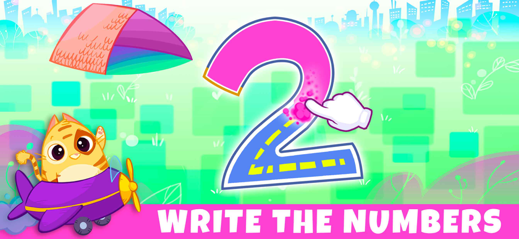 Bibi Numbers 123 - Kids Games - Interactive educational game screen showing a child tracing the number 2 with a cartoon cat in a plane.