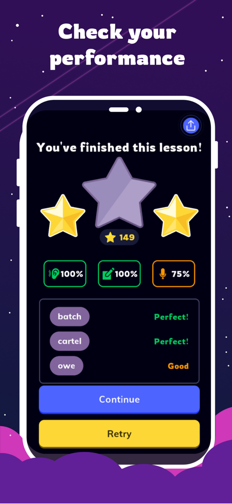 Wordbox English - Wordbox English app screen showing lesson completion results with star ratings and performance percentages for listening writing and speaking