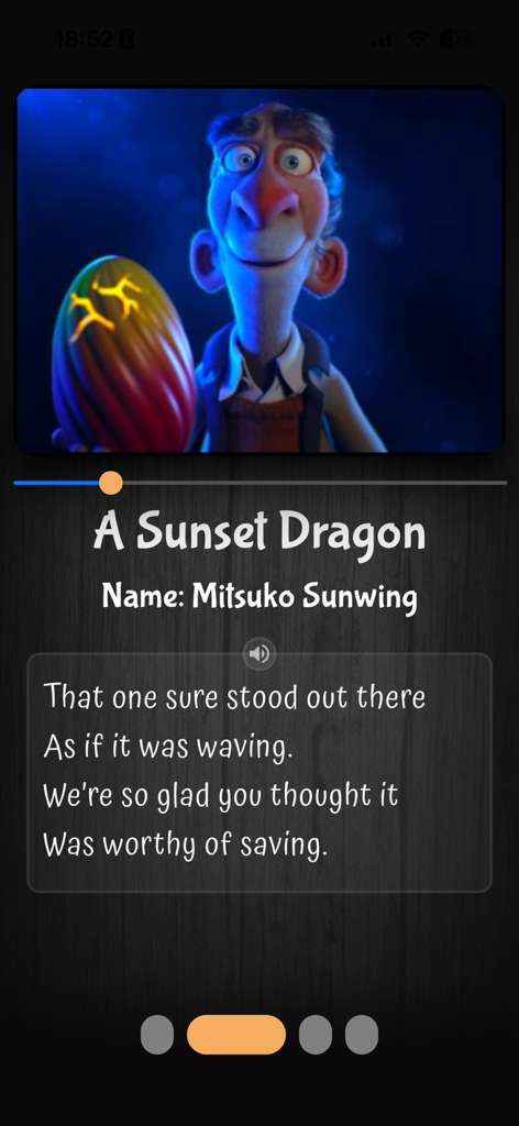 Storyteller Trails - Uma cena animada de história do Storyteller Trails mostrando um explorador segurando um ovo de dragão brilhante com texto narrativo rimado.