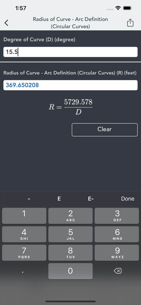 Highways & Roadwork Calculator - Interfaccia dell'app Calcolatrice Autostrade e Lavori Stradali che mostra un calcolo del raggio di una curva circolare utilizzando il grado di curvatura.