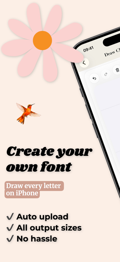 Font Maker: Custom Keyboard - Pantalla promocional de la aplicación Font Maker que muestra el texto Crea tu propia fuente con ilustraciones estéticas de flores y colibríes