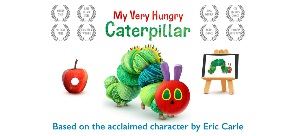 My Very Hungry Caterpillar - Promotional graphic for My Very Hungry Caterpillar app featuring the 3D character, award badges, and Eric Carle art style