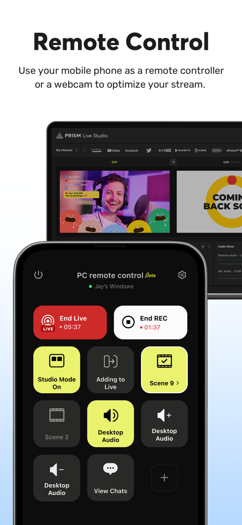 PRISM: Live Streaming App - Smartphone using the PRISM Live Studio app as a remote control to manage a live stream on a PC.