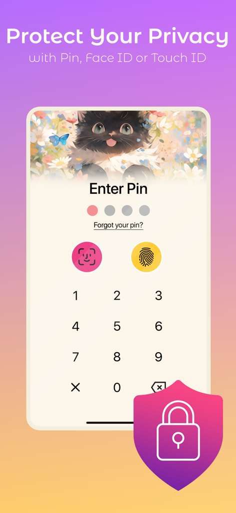 Girl Private Diary With Lock - A secure login screen for a private diary app featuring pin entry, Face ID, and Touch ID options with a cute cat theme.