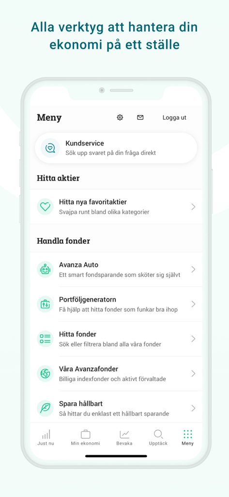 L'interface du menu de l'application Avanza affiche les options de négociation d'actions et de fonds.