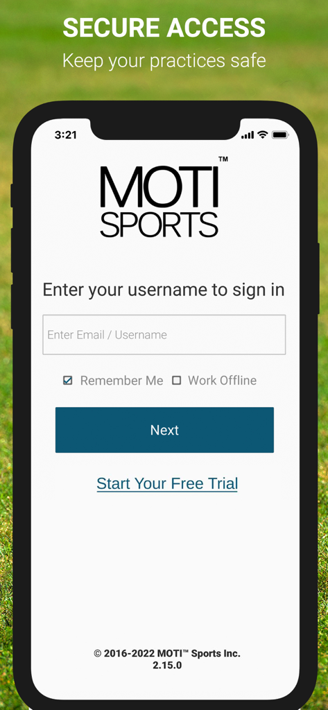 MOTI™ Soccer - MOTI Soccer app sign in screen for secure access to coaching drills