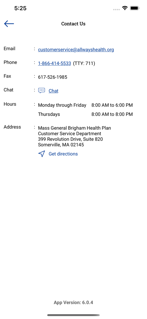 Contact Us screen of the MGB Health Plan app showing email, phone number, live chat, business hours, and office address in Somerville MA