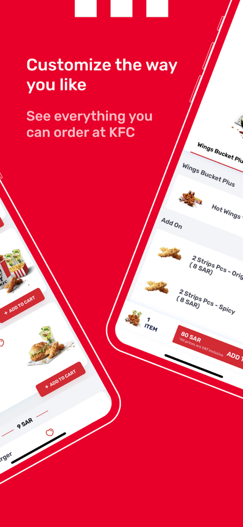 KFC Saudi Arabia - Interfaccia dell'app mobile KFC Arabia Saudita che mostra opzioni di personalizzazione del cibo per bucket e strisce di pollo