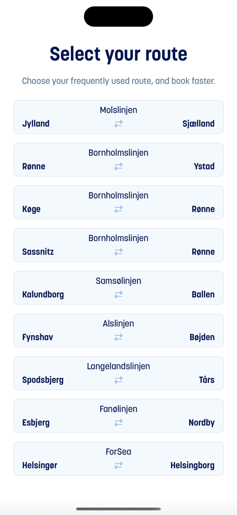 Molslinjen app interface showing a list of available ferry routes for selection and booking.