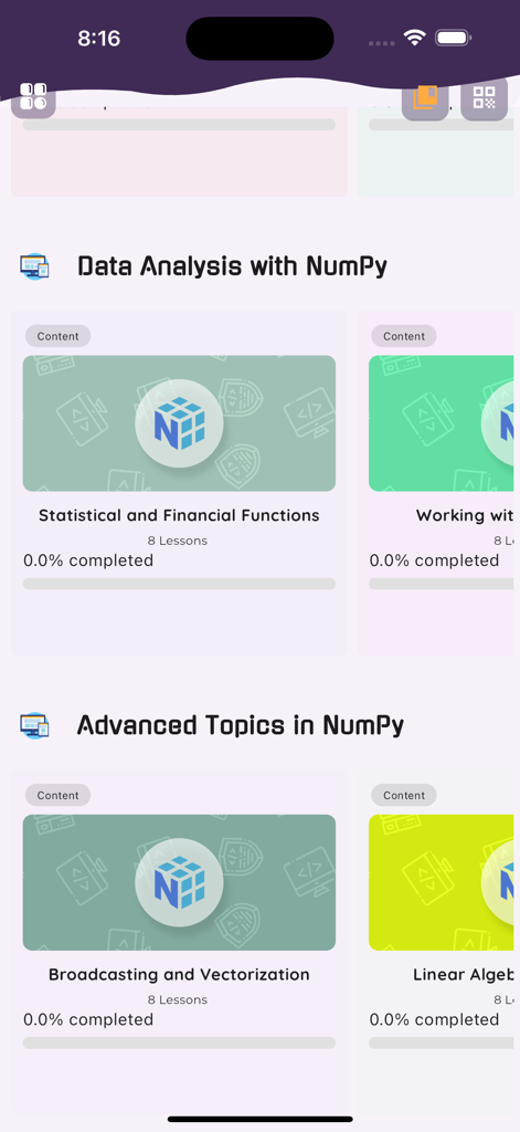 Learn NumPy - Interfaz de la aplicación móvil Learn NumPy que muestra categorías de lecciones para Análisis de Datos y Temas Avanzados con barras de progreso.