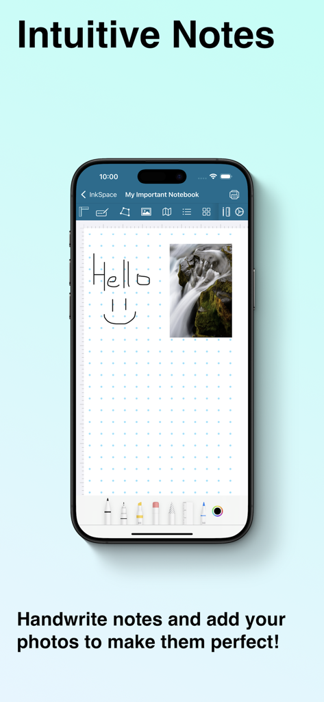 Ein Smartphone-Bildschirm, der handschriftliche Notizen und ein eingefügtes Foto in der digitalen Notizbuch-App InkSpace zeigt