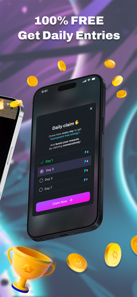 Winerz mobile app interface showing a daily claim screen for free tournament entries and energy rewards