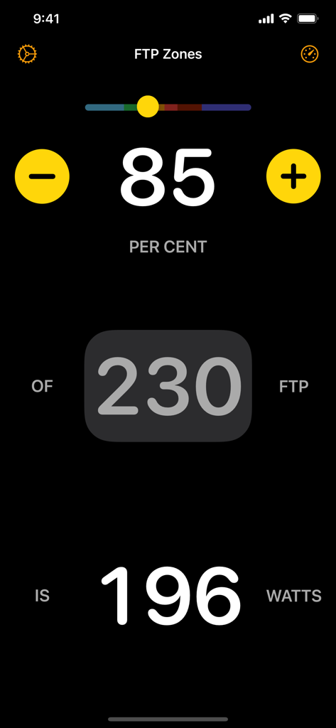 FTP Zones - Pantalla de la aplicación Zonas FTP que muestra el cálculo de la potencia de ciclismo objetivo en vatios.