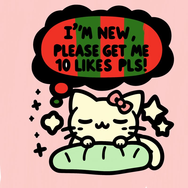 kitty taking a nap dream talking and saying "i'm new, please get me at least 10 likes pls!!"