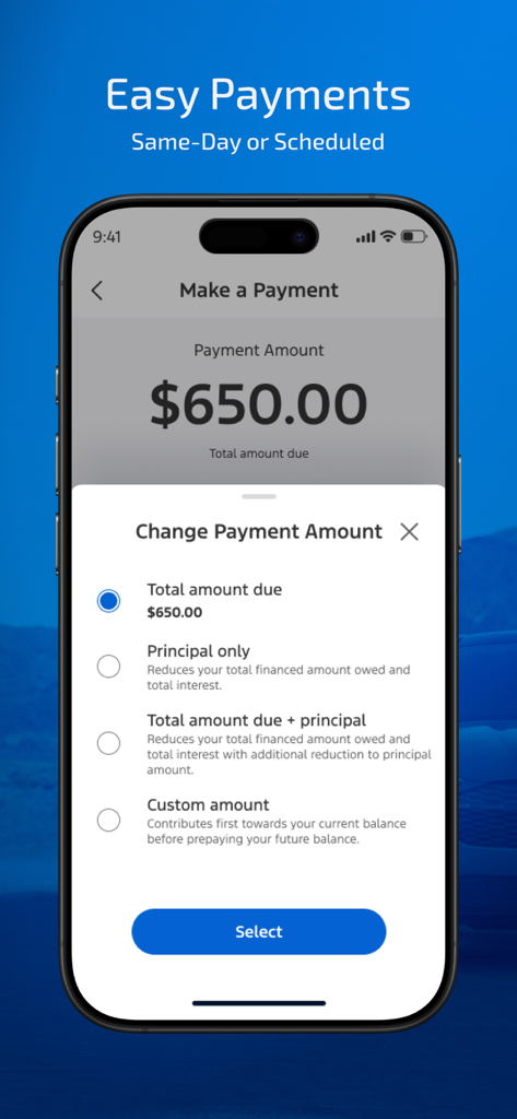 Ford Credit app interface showing options to change payment amount including total due and principal only