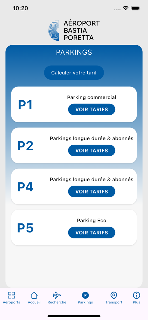 Aéroports de Corse - Mobile screen showing parking options and rates for Bastia Poretta Airport