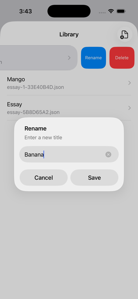 The Library screen of Speech To Essay app showing a rename dialog for a saved note.