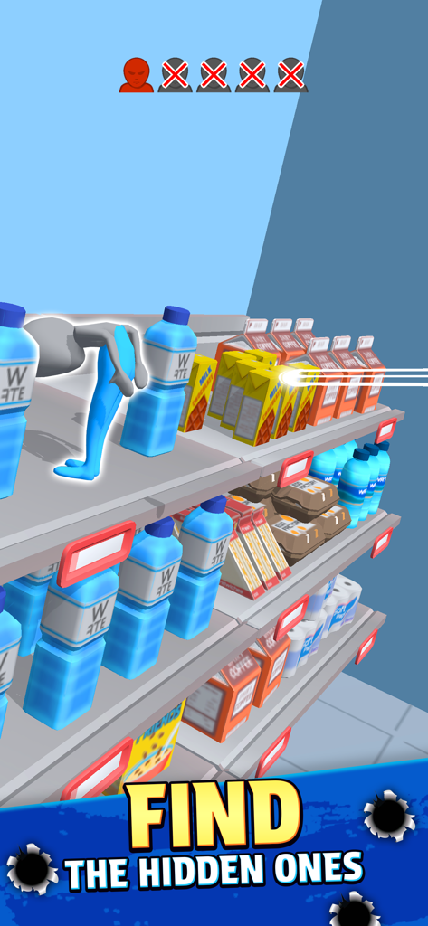 Camo Sniper - Camo Sniper game screenshot showing a hidden blue character among water bottles on a supermarket shelf
