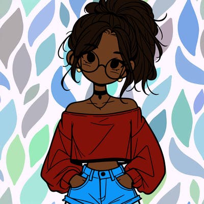 girl with a messy ponytail glasses a baggy crop top and jean shorts