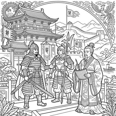 Step back in time to the tumultuous Warring States Period with this captivating coloring page. Featuring noble warriors, wise scholars, and majestic Chinese architecture, it offers a vivid glimpse into a pivotal era.
