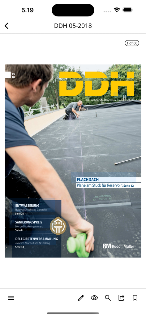 DDH - Digital magazine cover in the DDH app featuring a roofing professional on a flat roof