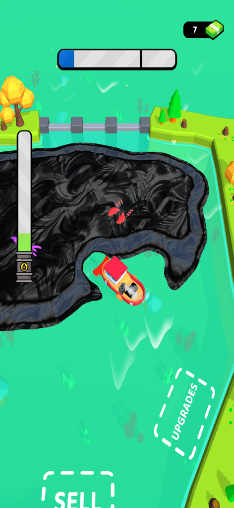 Idle Eco Miner: Ocean Cleanup - A red boat cleaning a black oil spill in the game Idle Eco Miner Ocean Cleanup