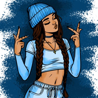 realistic teenage girl with braids and a beanie and crop top doing 🫶🏼