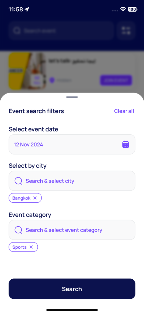 Declic - Event search filters in the Declic app showing options for date city and category