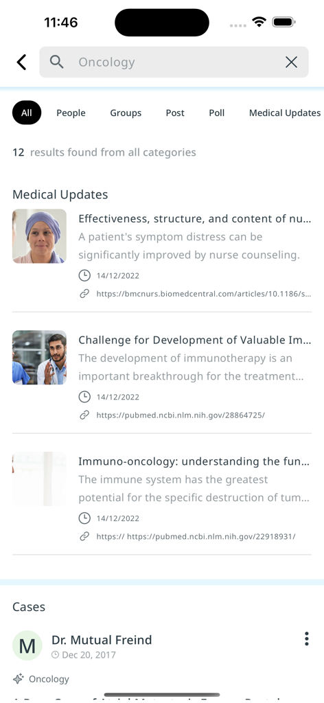 HCP Space - Interfaz de búsqueda de la aplicación HCP Space mostrando actualizaciones médicas de oncología y casos clínicos.