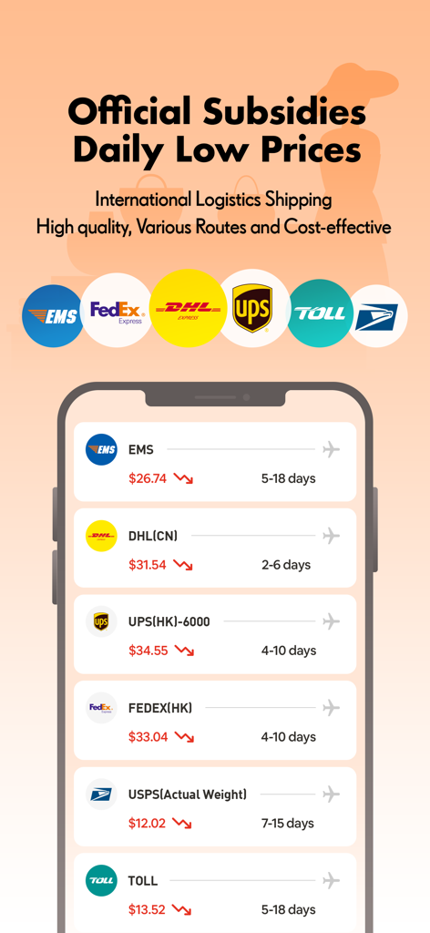 Screenshot der Sugargoo-App, der internationale Versandoptionen und Preise für Kuriere wie EMS, FedEx und DHL zeigt