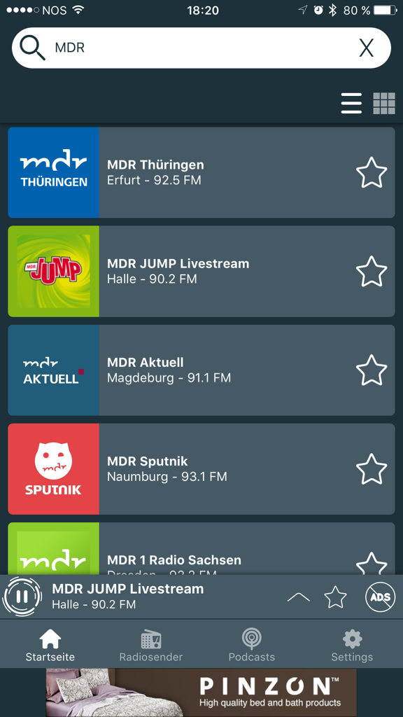 Interfaz de la aplicación Radio Alemania Online mostrando resultados de búsqueda de estaciones de radio MDR, incluidas MDR JUMP y MDR Aktuell