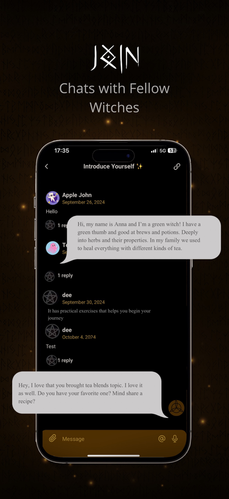 Uma tela de aplicativo móvel mostrando um recurso de chat em grupo onde os membros do coven se apresentam e discutem tópicos espirituais como misturas de chá e bruxaria verde.