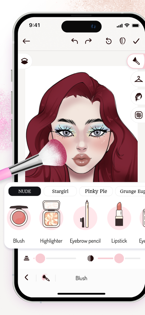 Makeup Studio: Pro Sketchbook - Digital makeup sketchbook interface displaying a face chart with red hair and professional makeup application tools