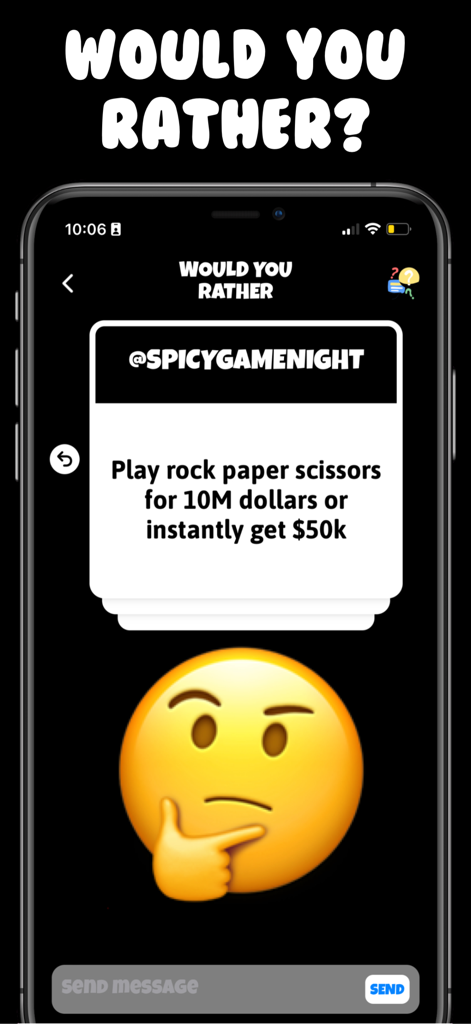 Spy Game: Group Party Games - Una carta di gioco Preferiresti dall'app Spy Game che mostra un dilemma sociale su denaro e fortuna.