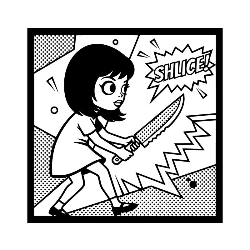 creepy girl with huge eyes holding a knife