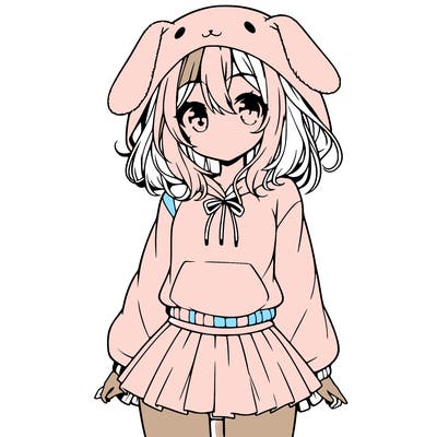 pretty anime girl wearing a fluffy hoodie with bunny ears on the hood and a skirt