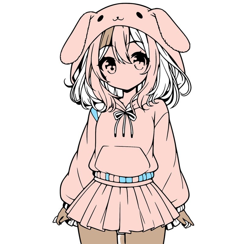 pretty anime girl wearing a fluffy hoodie with bunny ears on the hood and a skirt