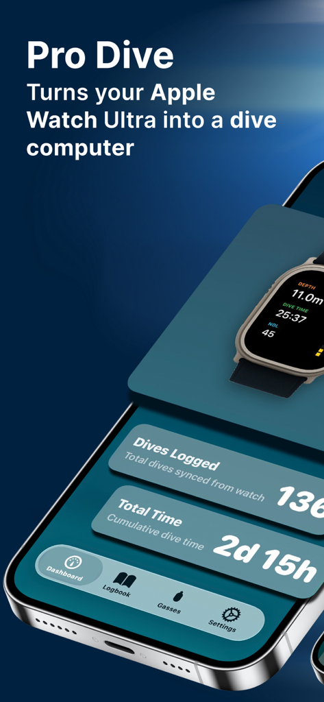 Pro Dive app interface on iPhone showing dive logs and Apple Watch Ultra displaying real-time dive metrics