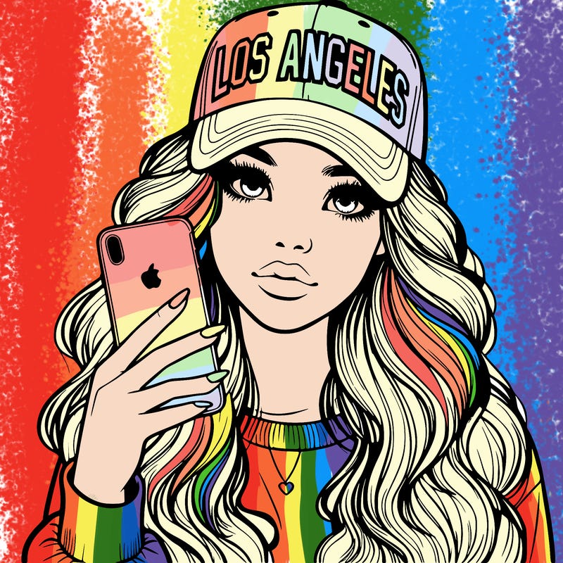 realistic beautiful girl wearing los ángeles cap holding an iphone